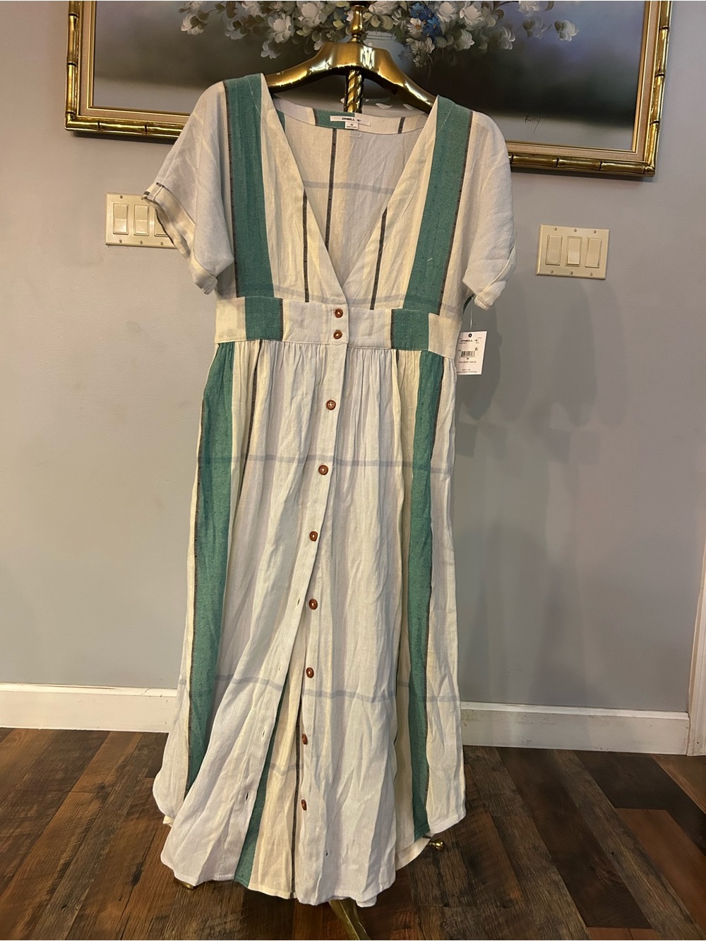 O'Neill Cream Maxi Dress with Teal-Green Stripes